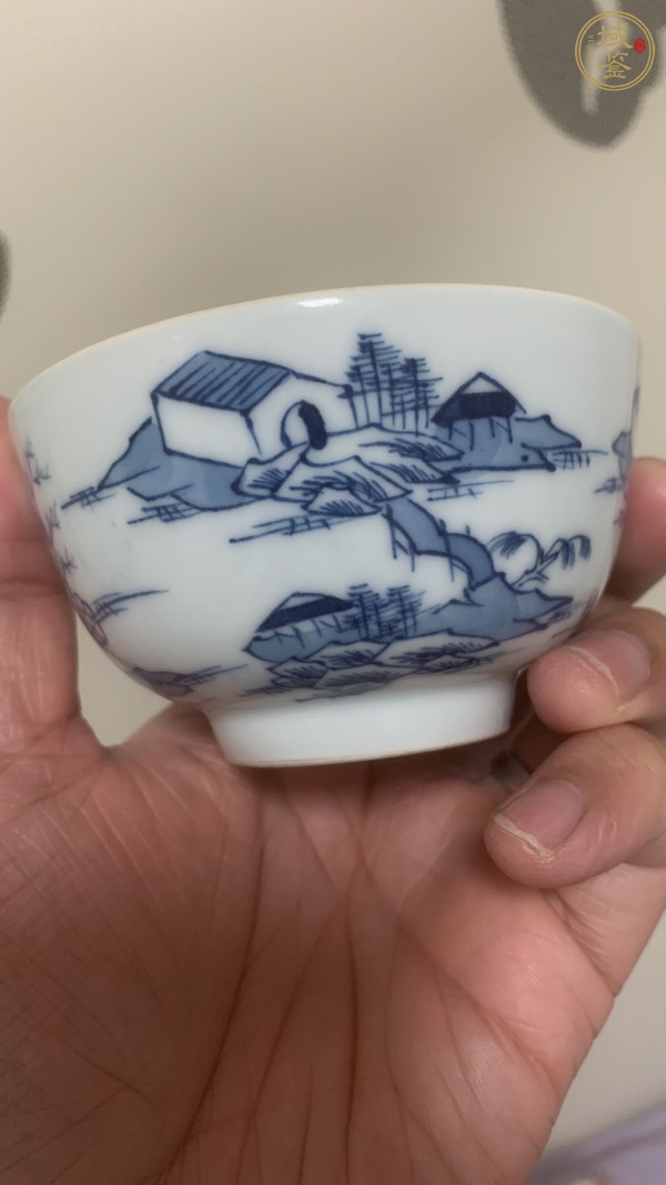 古玩陶瓷青花山水樓閣紋茶碗真品鑒賞圖