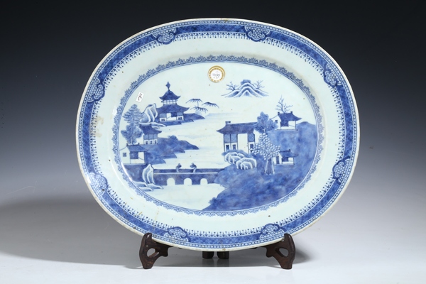 古玩陶瓷青花山水樓閣紋橢型盤拍賣，當前價格5000元