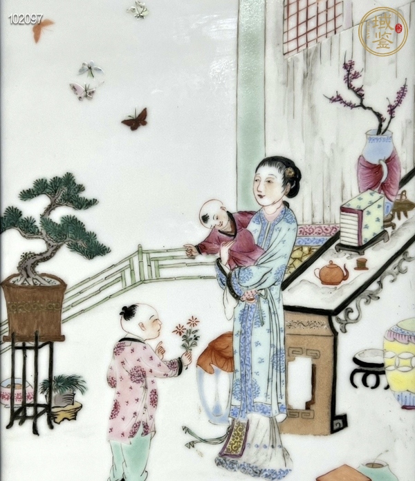 古玩陶瓷粉彩三娘教子紋瓷板真品鑒賞圖