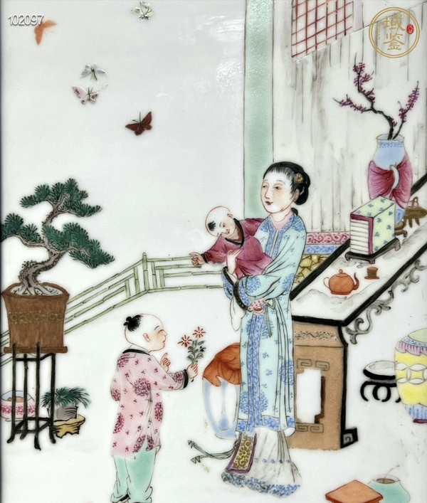 古玩陶瓷粉彩三娘教子紋瓷板真品鑒賞圖