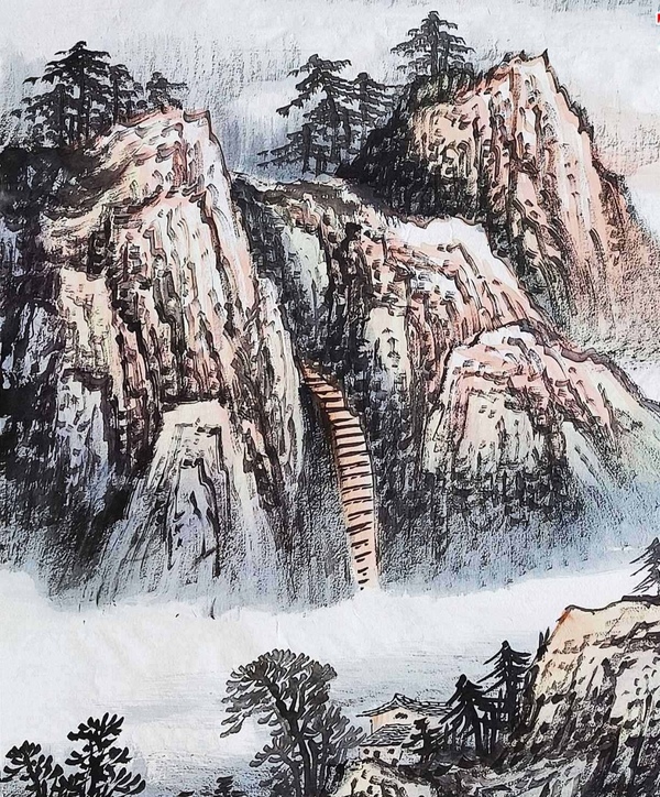 古玩字畫帶合影,授權拍賣 山東省美協會員、知名畫家何玉潔作品:千尋瀑布入云端拍賣,當前價格450元