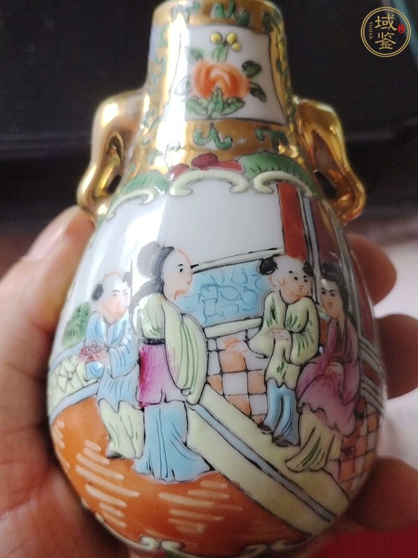 古玩陶瓷廣彩開(kāi)窗人物雙耳尊真品鑒賞圖