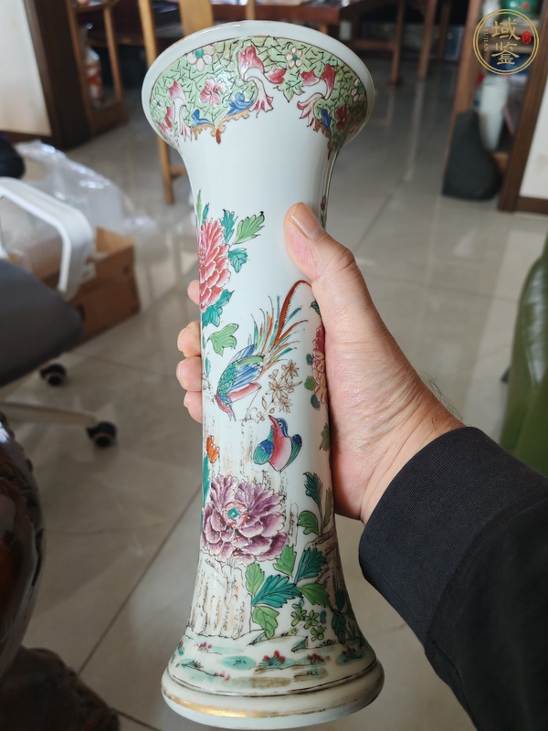 古玩陶瓷花鳥紋粉彩束腰花觚真品鑒賞圖