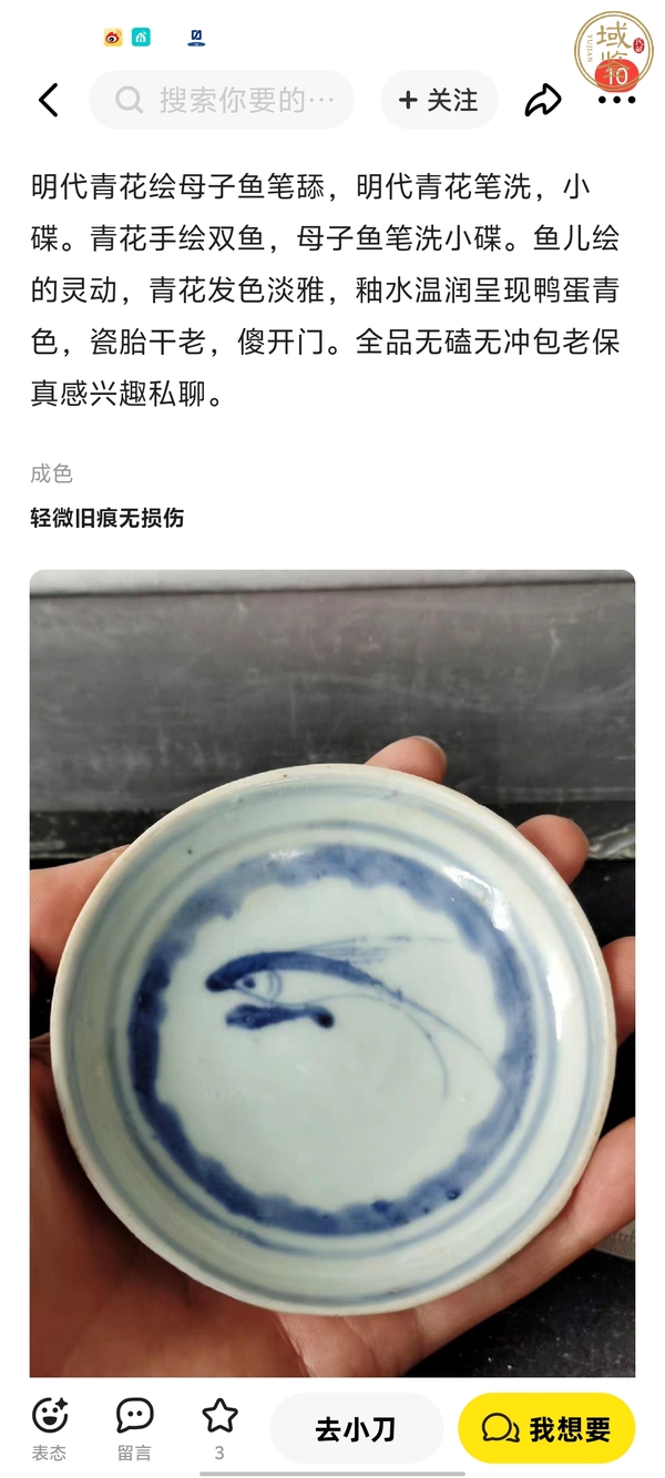 古玩陶瓷青花母子魚盤真品鑒賞圖