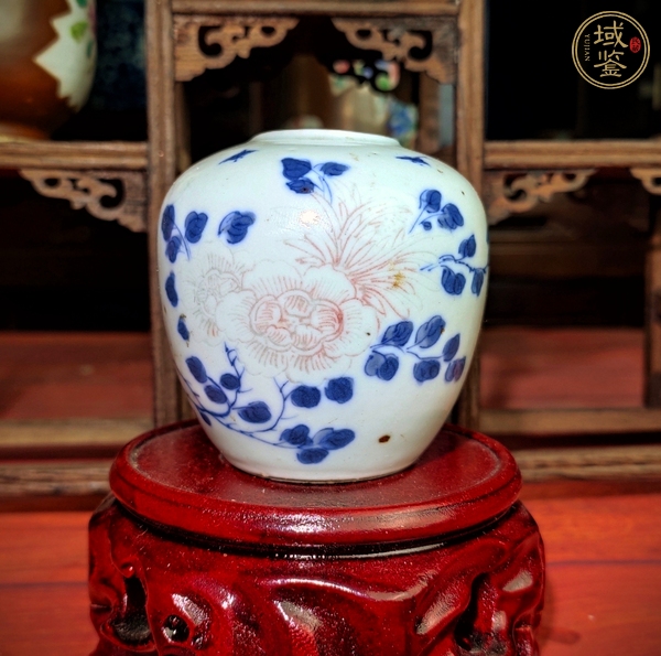 古玩陶瓷青花釉里紅花卉紋水盂真品鑒賞圖