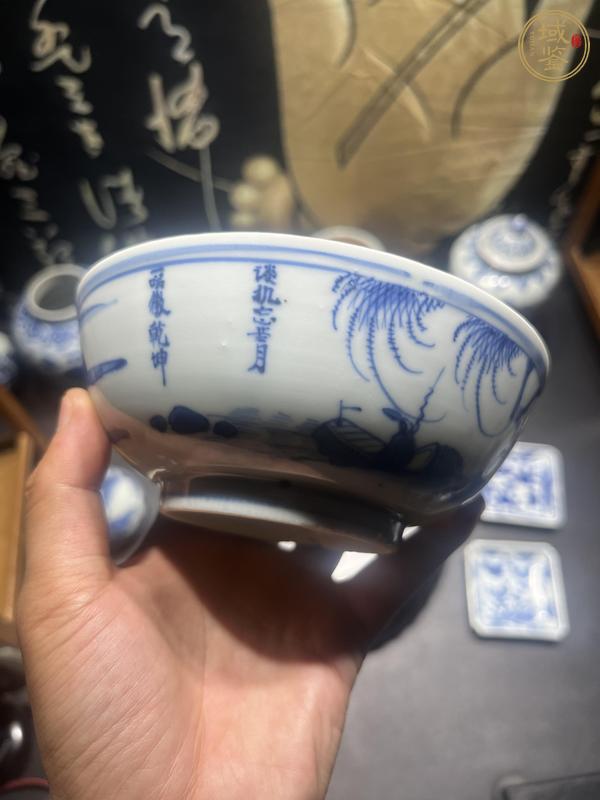古玩陶瓷青花亭臺山水詩文碗真品鑒賞圖