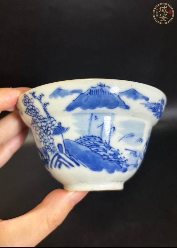 古玩陶瓷青花漁樵耕讀圖折腰碗真品鑒賞圖