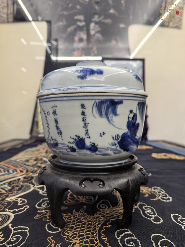 古玩陶瓷青花山水人物紋蓋缸真品鑒賞圖