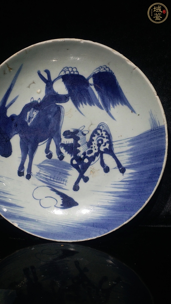 古玩陶瓷柳蔭雙駿圖青花盤真品鑒賞圖