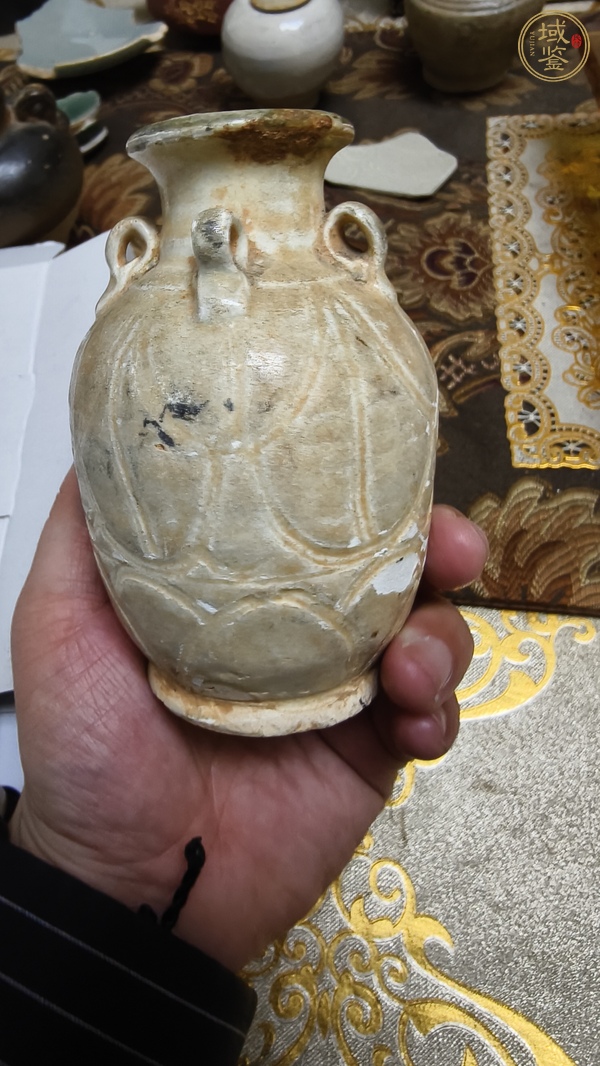 古玩陶瓷青白釉刻花四系罐真品鑒賞圖