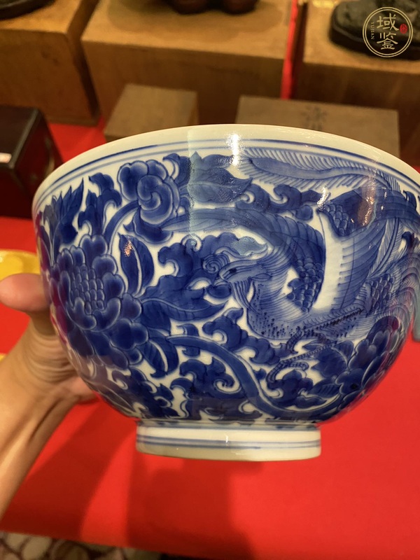 古玩陶瓷青花鳳穿牡丹圖墩式碗，注意品相真品鑒賞圖