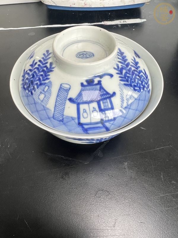 古玩陶瓷青花庭院圖蓋碗真品鑒賞圖