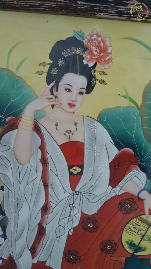 古玩陶瓷粉彩洞石荷花仕女圖瓷板真品鑒賞圖