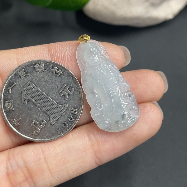 古玩玉器7天然翡翠A貨鑲嵌掛件(正冰種) 觀音 18k金 約重2.7g拍賣,當前價格380元