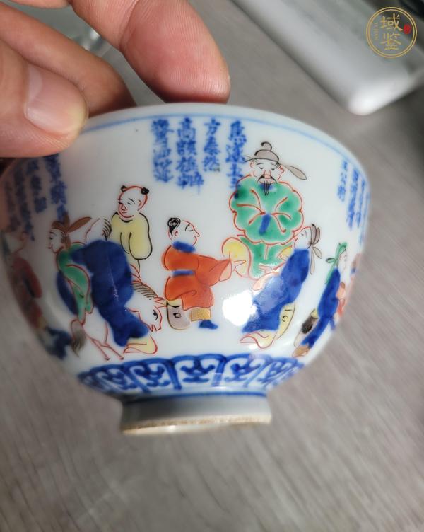 古玩陶瓷日本明治青花五彩人物詩(shī)文蓋碗真品鑒賞圖