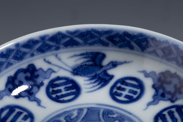 古玩陶瓷晚清·青花云鶴八卦紋小盤一對拍賣,當前價格16000元