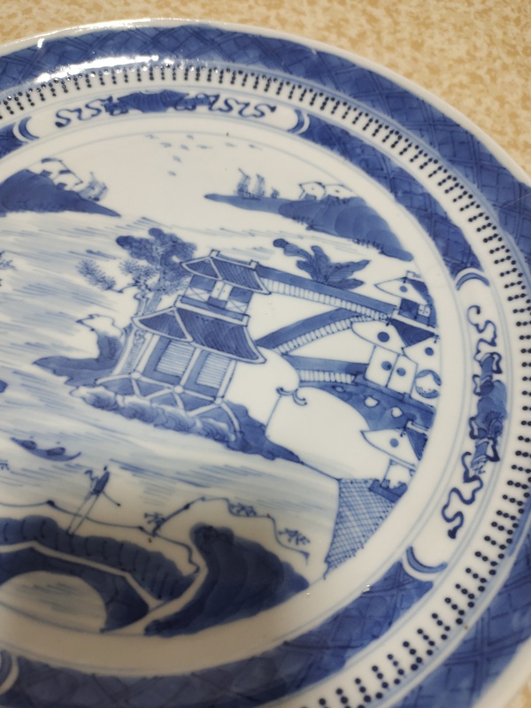 古玩陶瓷青花山水人物紋折沿盤拍賣,當前價格600元