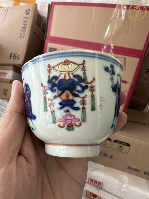 古玩陶瓷青花加彩五谷豐登紋茶杯真品鑒賞圖