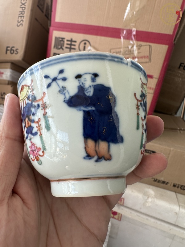 古玩陶瓷青花加彩五谷豐登紋茶杯真品鑒賞圖