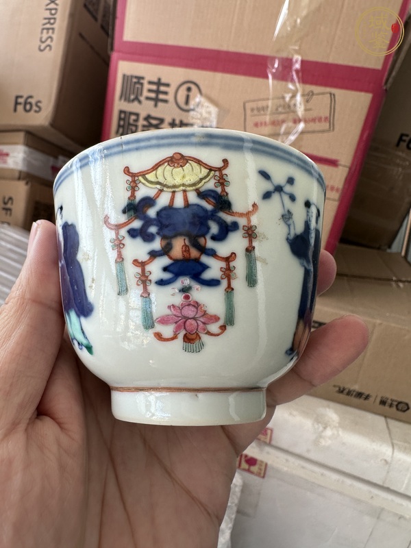 古玩陶瓷青花加彩五谷豐登紋茶杯真品鑒賞圖