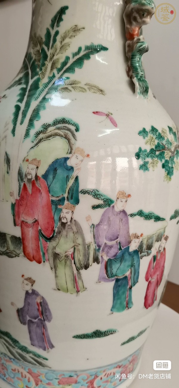 古玩陶瓷通景人物獅耳花瓶真品鑒賞圖