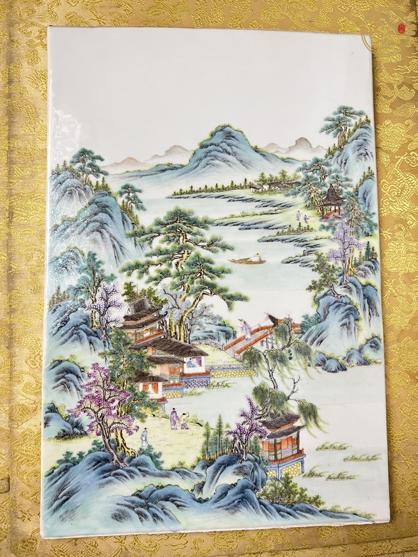 古玩陶瓷粉彩通景山水人物瓷板真品鑒賞圖