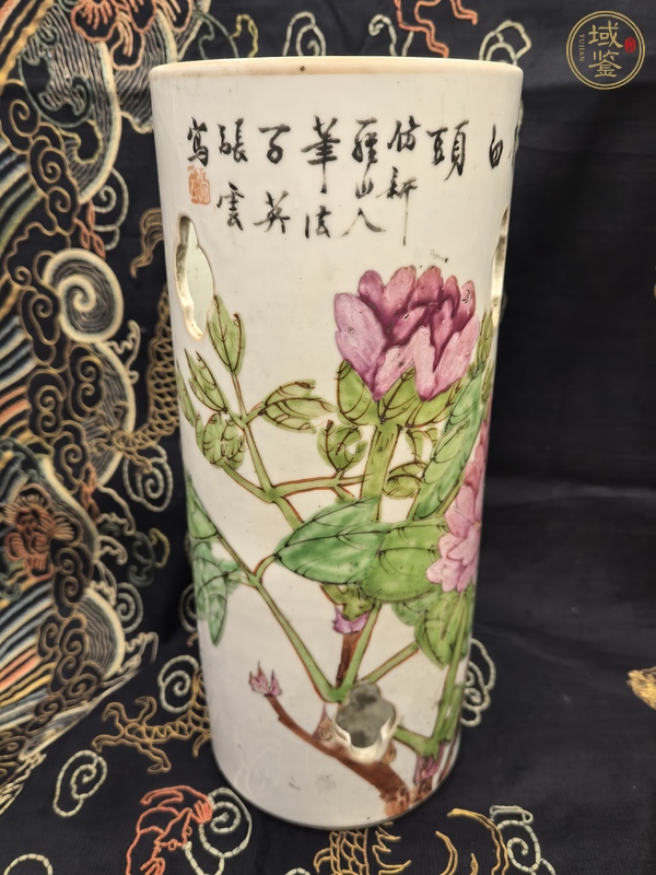 古玩陶瓷粉彩花鳥詩文帽筒真品鑒賞圖