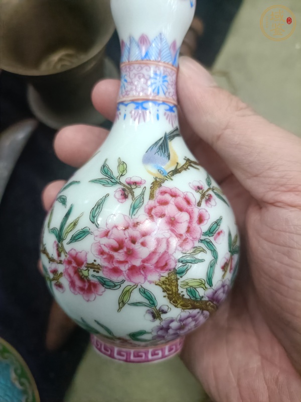 古玩陶瓷花鳥(niǎo)紋蒜頭瓶真品鑒賞圖