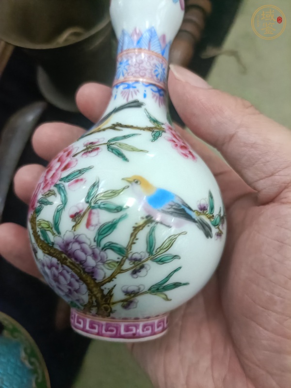 古玩陶瓷花鳥(niǎo)紋蒜頭瓶真品鑒賞圖