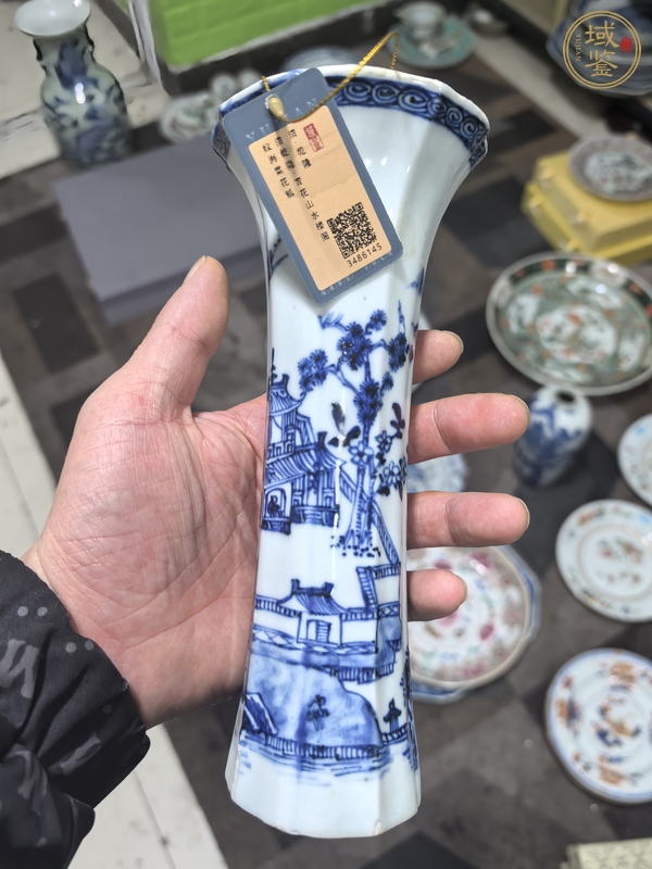 古玩陶瓷青花山水樓閣紋海棠花觚真品鑒賞圖