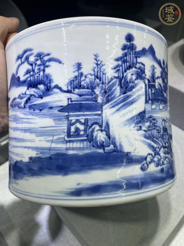 古玩陶瓷青花山水人物紋筆筒真品鑒賞圖