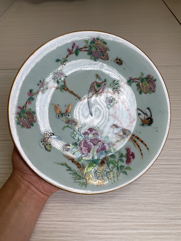 古玩陶瓷清嘉慶 精品細(xì)路冬青釉粉彩花果蟲鳥蝶紋盤拍賣,當(dāng)前價(jià)格1300元