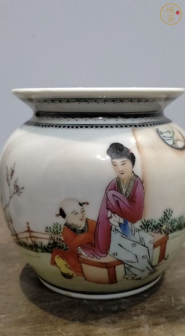 古玩陶瓷粉彩三娘教子圖花囊真品鑒賞圖