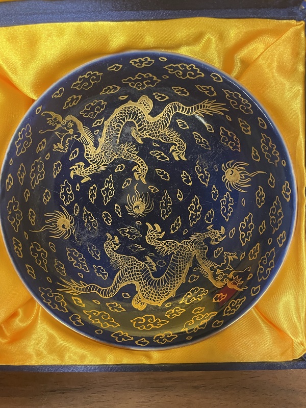 古玩陶瓷清代霽藍(lán)釉描金云龍趕珠紋盤拍賣，當(dāng)前價(jià)格6200元