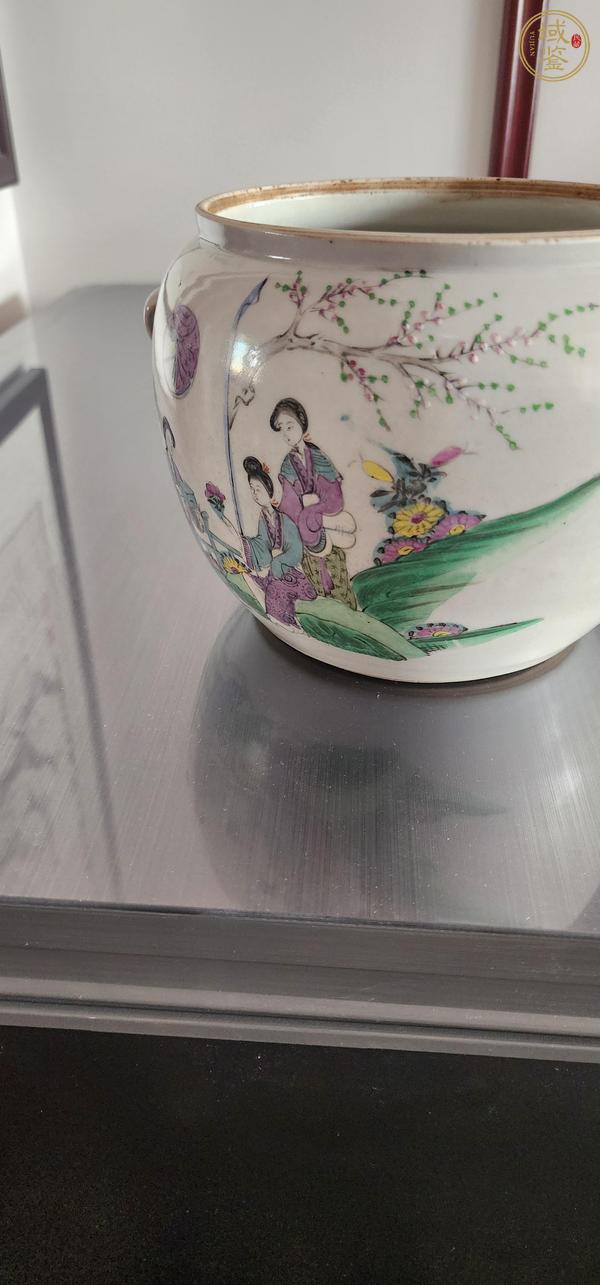 古玩陶瓷粉彩桃花仕女圖粥罐真品鑒賞圖