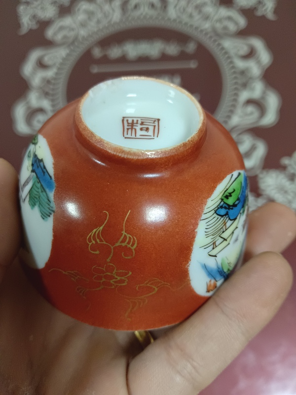 古玩陶瓷晚清**紅開(kāi)窗粉彩山水茶圓拍賣(mài)，當(dāng)前價(jià)格1380元