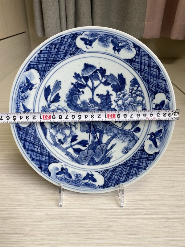 古玩陶瓷清中期 精品青花洞石雙鳳穿牡丹花蝶紋盤拍賣,當前價格3500元