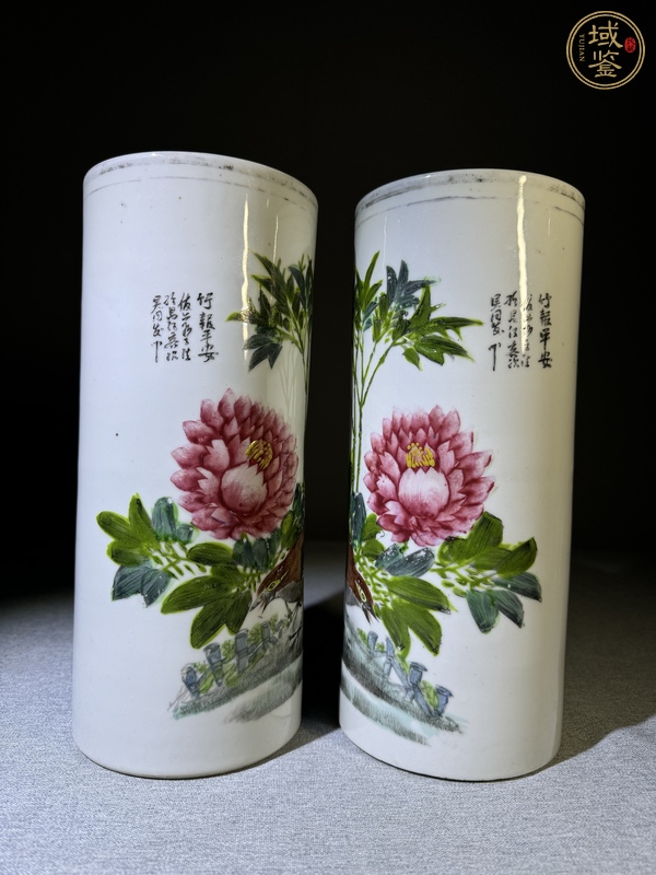 古玩陶瓷花開(kāi)富貴竹報(bào)平安淺絳彩帽筒真品鑒賞圖