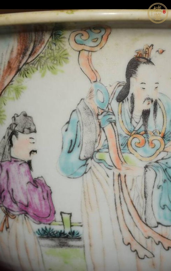 古玩陶瓷淺絳彩人物故事紋花盆，模糊，偏老真品鑒賞圖