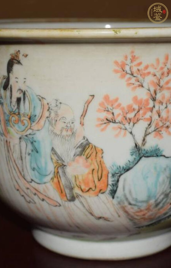 古玩陶瓷淺絳彩人物故事紋花盆，模糊，偏老真品鑒賞圖