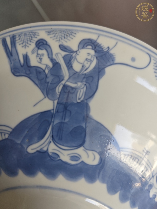 古玩陶瓷三星高照?qǐng)D青花折沿碗真品鑒賞圖