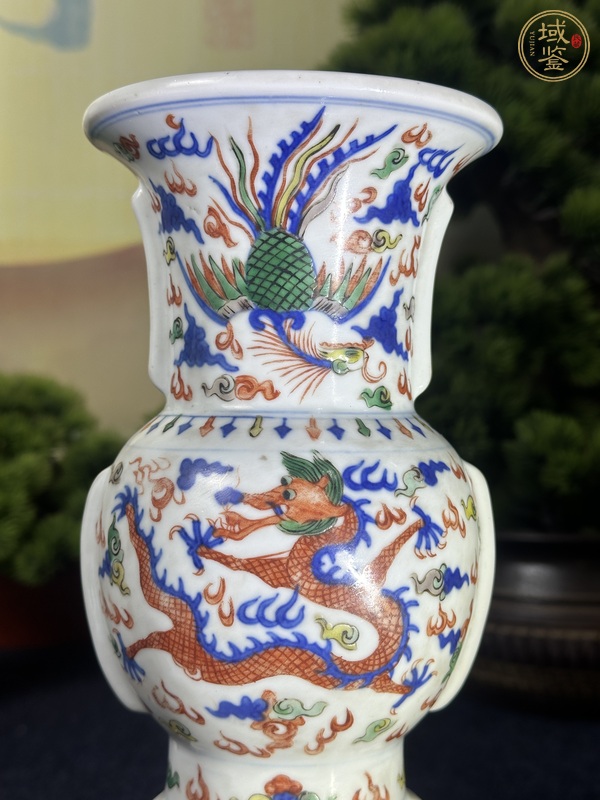 古玩陶瓷青花五彩龍鳳紋花觚真品鑒賞圖