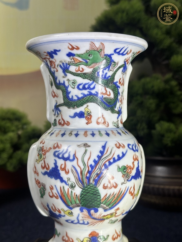 古玩陶瓷青花五彩龍鳳紋花觚真品鑒賞圖