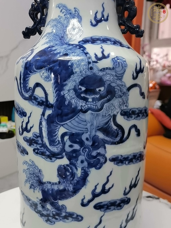 古玩陶瓷青花獅子繡球圖盤口瓶，注意品相真品鑒賞圖