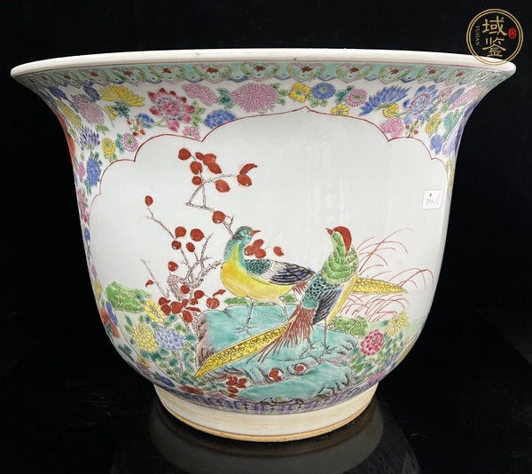 古玩陶瓷粉彩鳳穿牡丹圖花盆真品鑒賞圖