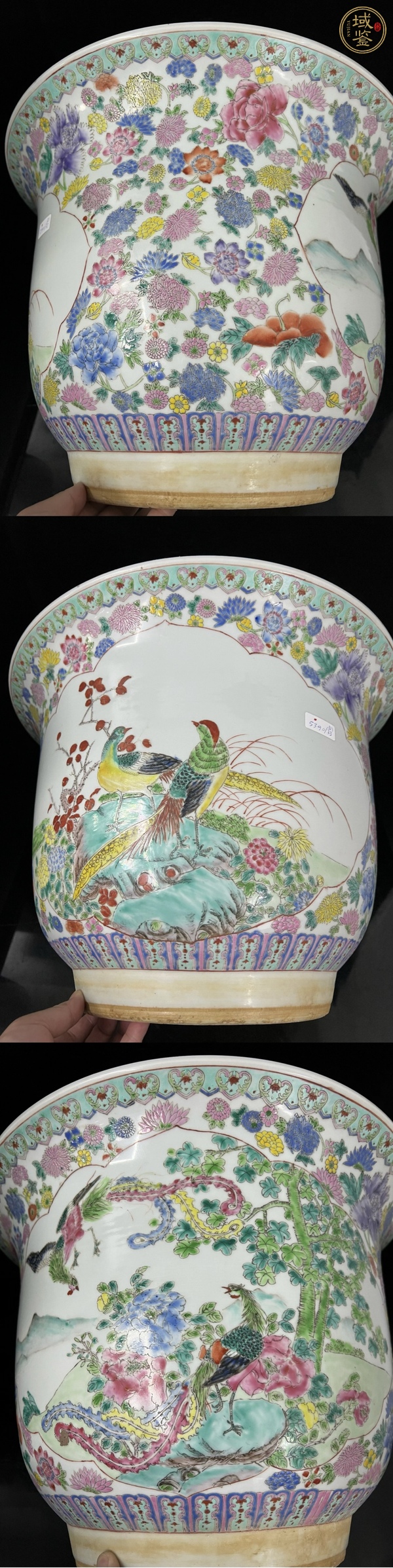 古玩陶瓷粉彩鳳穿牡丹圖花盆真品鑒賞圖