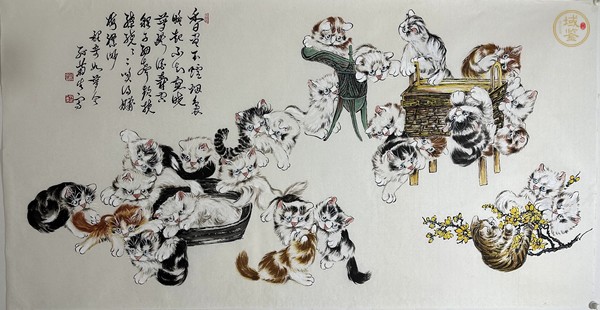 古玩字畫孫菊生群貓圖真品鑒賞圖