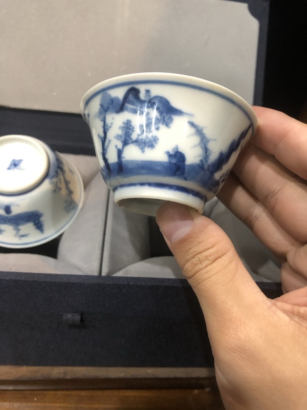 古玩陶瓷（精品品茗杯）清·康熙·訪友圖·青花品茗杯一對拍賣，當前價格3000元