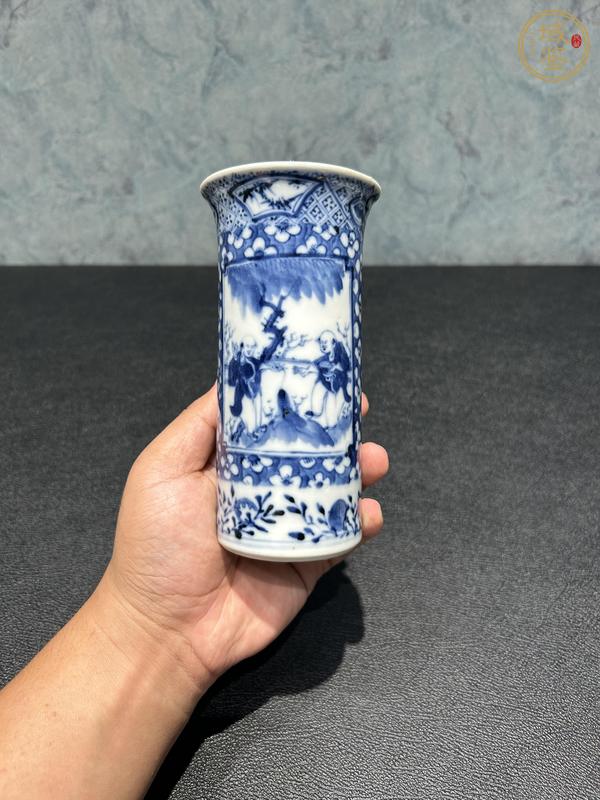 古玩陶瓷清光緒青花童子花卉紋花插真品鑒賞圖