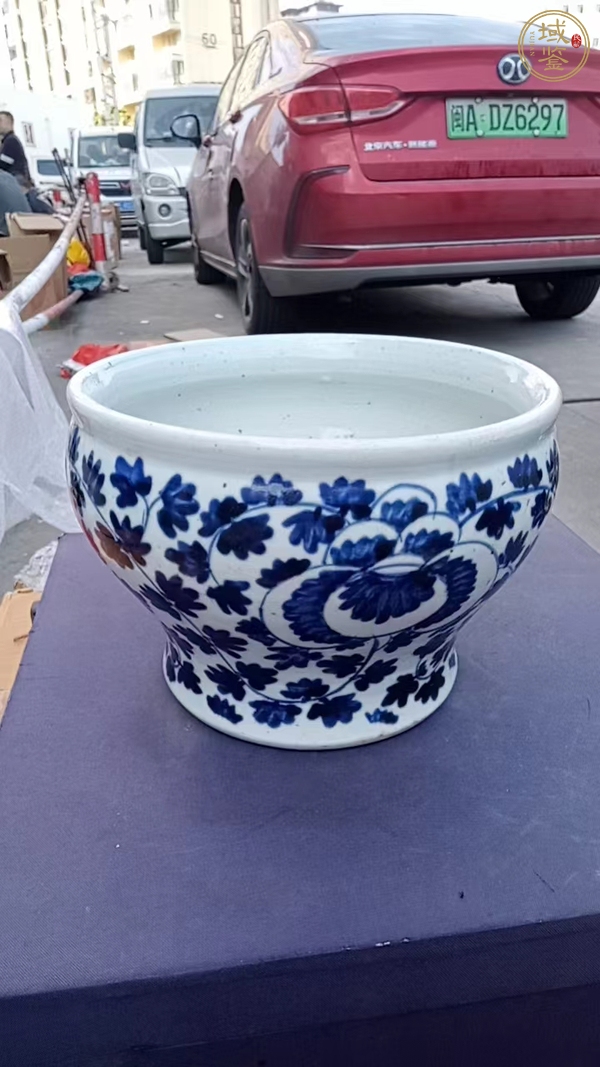 古玩陶瓷青花花卉紋水缸真品鑒賞圖